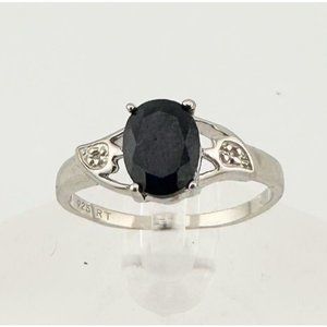 Black Sapphire and Diamond Accent Oval Ring - Sterling Silver - Size 7 - Simple